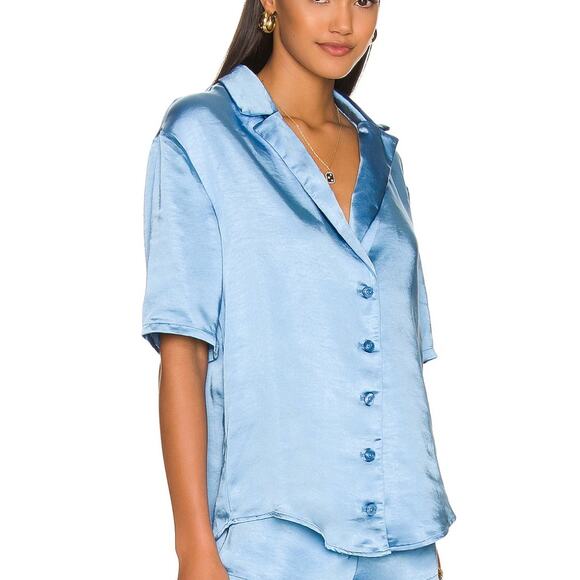 House of Harlow Dusty Blue Satin Oversize Button Down Shirt SMALL Boxy $158 NEW - Picture 2 of 7